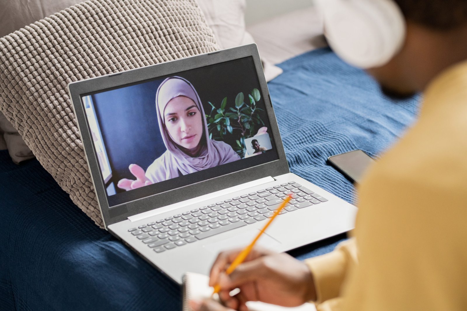 Young confident teacher on laptop screen looking at African student while explaining him subject of online lesson